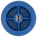 A blue plastic circular valve with four holes.