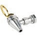 A stainless steel spigot with a brass handle.