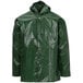 A Tingley green rain jacket with a hood and buttons.