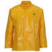 A yellow Tingley rain jacket with a black logo and inner cuff.
