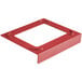 A red metal frame for 1/2 size stainless steel hotel pans.