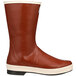 A close-up of a Tingley brick red rubber boot with a brown and white sole.
