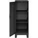 A black metal Hirsh Industries locker cabinet with open shelves.