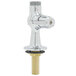 A silver Equip by T&amp;S single supply deck mount faucet base.