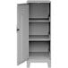 A grey metal Hirsh Industries storage locker cabinet with open door and shelves.