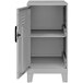 An arctic silver metal storage locker cabinet with open doors and a black handle.