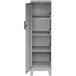 A grey metal Hirsh Industries storage locker cabinet with shelves and doors.