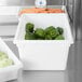 A white Rubbermaid food storage container with green peppers and carrots inside.