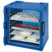 A navy blue Cambro front loading insulated bakery container with food inside.