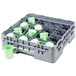 A Cambro soft gray plastic tray with green Cambro cups in a tray.