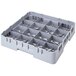 A soft gray plastic Cambro rack with 16 cup compartments.