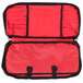 A red bag with black straps with two compartments.