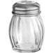 A Choice clear glass cheese shaker with a slotted chrome-plated lid.