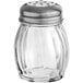 A Choice glass cheese shaker with a chrome-plated lid.
