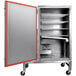 A white rectangular stainless steel cabinet with a red door.