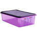 An Araven purple plastic food pan with a black lid.