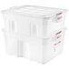 A stack of two white Araven plastic storage boxes with red lids.