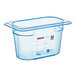 An Araven 1/9 size blue plastic food pan with a lid.