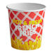 A white paper cup with red and yellow text that says "Hot and Fresh French Fries" on it.