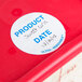 A red container with a National Checking Company product date label on it.