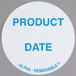 A roll of white National Checking Company Ultra Removable labels with blue text saying "Product Date" in a white circle.