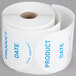 A roll of National Checking Company white paper labels with blue text for product and date.