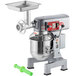 An Avantco planetary stand mixer with a green bowl and meat grinder attachment on a white background.