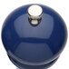 A blue pepper mill with a silver knob.