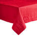 A red Hoffmaster table cover on a table with a white background.