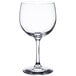 A close-up of a Libbey customizable round wine glass with a stem.