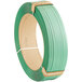 A roll of green polyester machine strapping tape with a green and gold label.