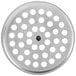 A circular metal T&S basket strainer with holes on a gray background.