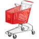 A red Regency plastic grocery cart with a basket on wheels.