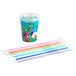 A plastic Choice Jungle print kid's cup with plastic wrap and colorful straws.