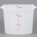 A white Cambro round plastic food storage container with measurements in red.