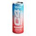 A close up of a C4 Smart Energy drink can with red and blue labels.