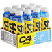 A case of C4 Energy Icy Blue Razz energy drink bottles with blue and yellow labels.