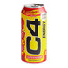 A yellow C4 Energy drink can with red and black text.