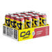 A yellow box of 12 C4 Midnight Cherry Energy Drink cans.