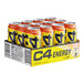 A yellow box of C4 Energy Orange Slice energy drink cans with orange and white labels.