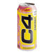 A yellow and black C4 Energy drink can with pink accents.
