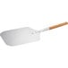 A silver rectangular pizza spatula with a wooden handle.