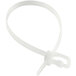 A close-up of a white Retyz WorkTie cable tie with a metal clip.