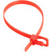 A red plastic Retyz EveryTie cable tie with a metal clip.