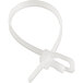 A white plastic cable tie with a clip.