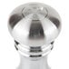 A stainless steel salt shaker and pepper grinder set with a silver finish.