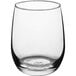 A clear glass Acopa bubble votive candle holder with a black rim.