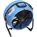A blue and black Dri-Eaz air mover with black handles on a stand.