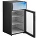 An Avantco black countertop display refrigerator with a glass door open and a shelf inside.