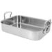 A silver stainless steel de Buyer roasting pan with handles.